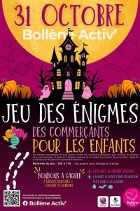 affiche jeu des énigmes des commerçants à halloween, le 31 octobre 2024