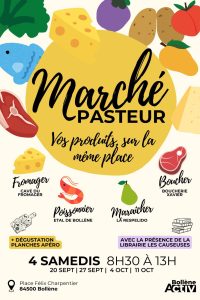 affiche marché pasteur à Bollène 4 samedis, avec le boucher, le fromager, le maraîcher et le poissonnier